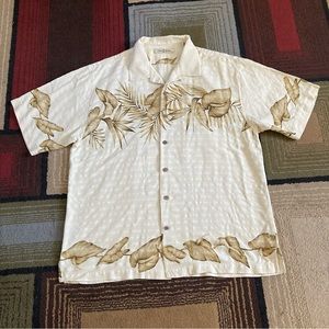 Tommy Bahama Silk Hawaiian Leaves Floral Cream Button Up Shirt Men's Size XL